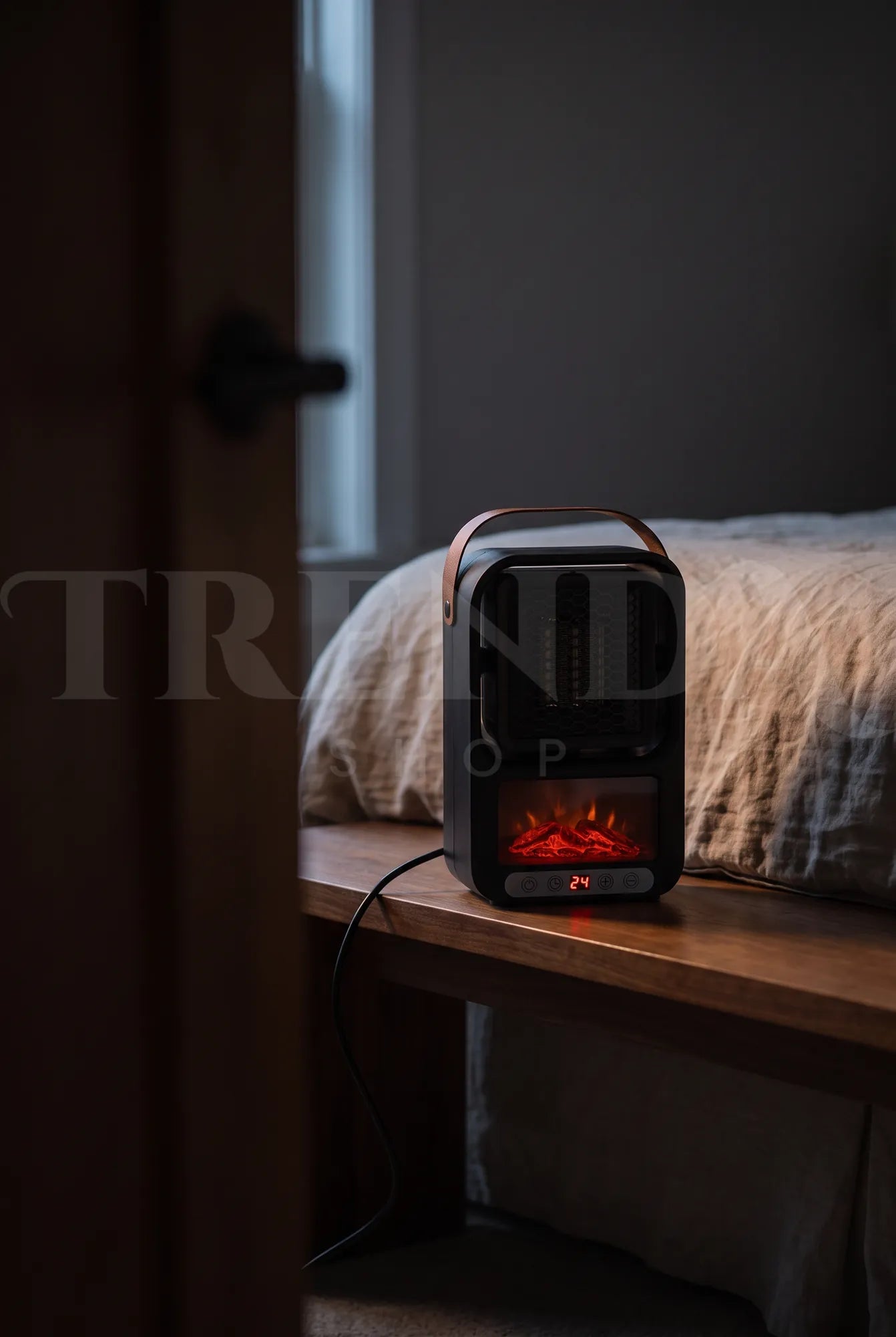 Le mini chauffage allumé sur un banc de chambre, dans la pénombre