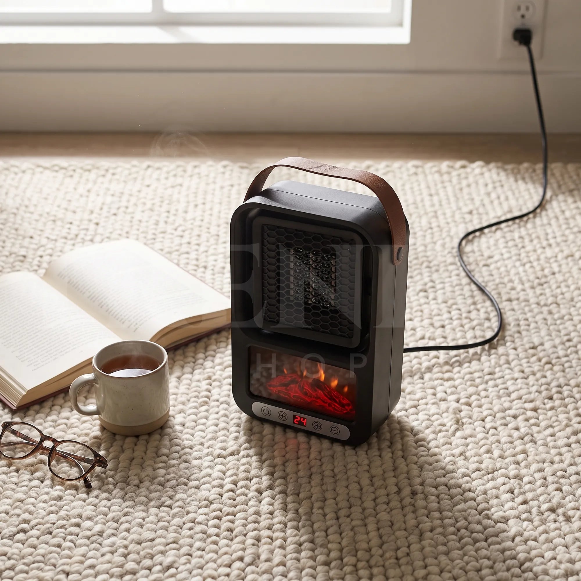 Le mini chauffage vu de dessus sur un tapis en laine