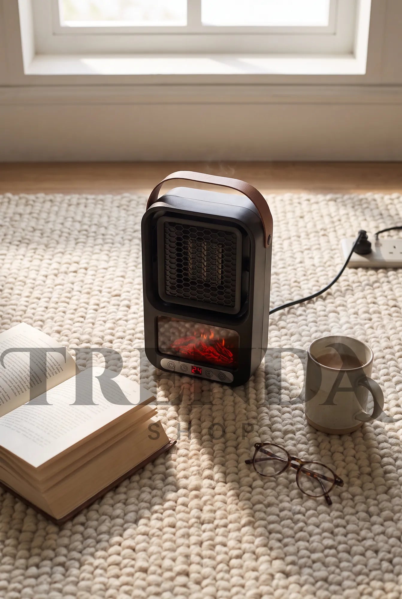 Le mini chauffage sur un tapis, entre un livre ouvert et une tasse