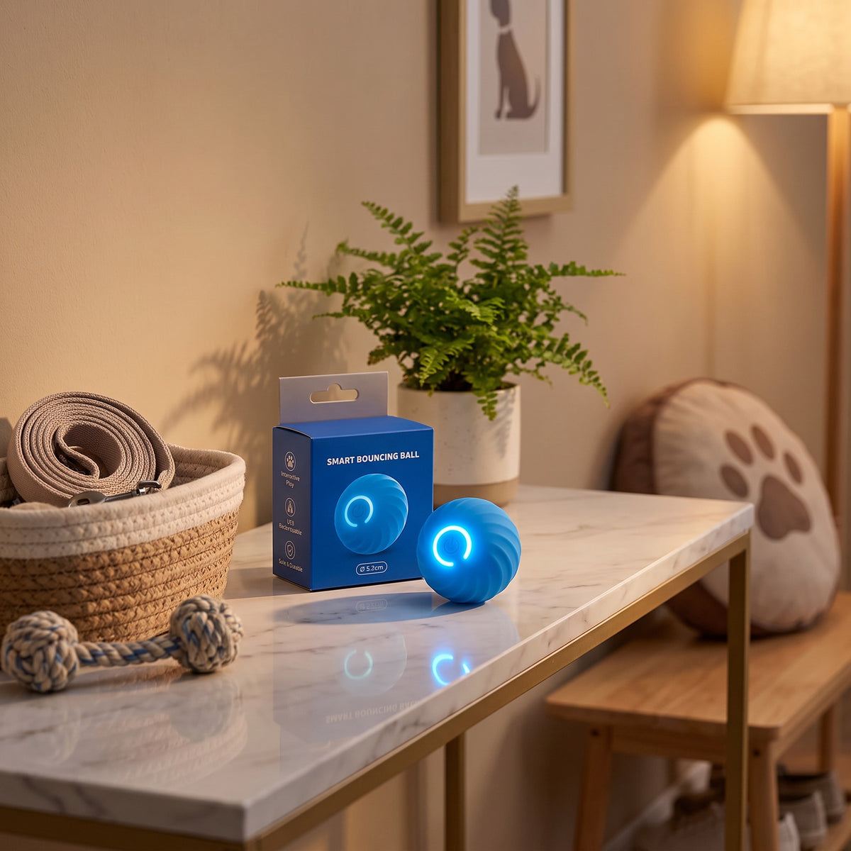 Balle interactive intelligente bleue allumée posée à côté de sa boîte sur une console