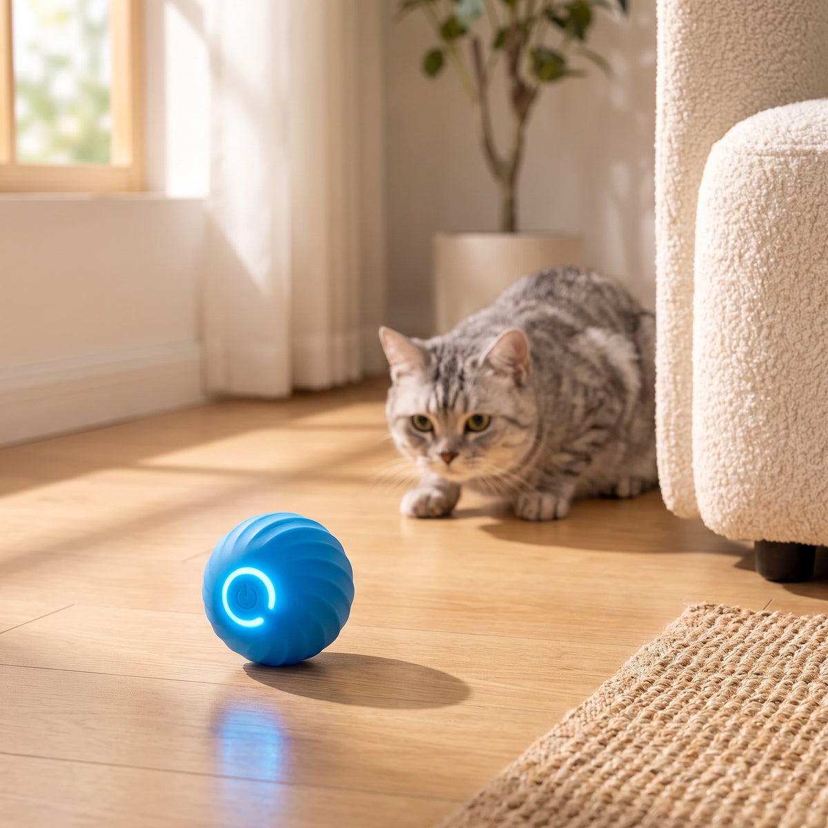 Balle interactive intelligente bleue qui roule sur le parquet, un chat prêt à bondir derrière