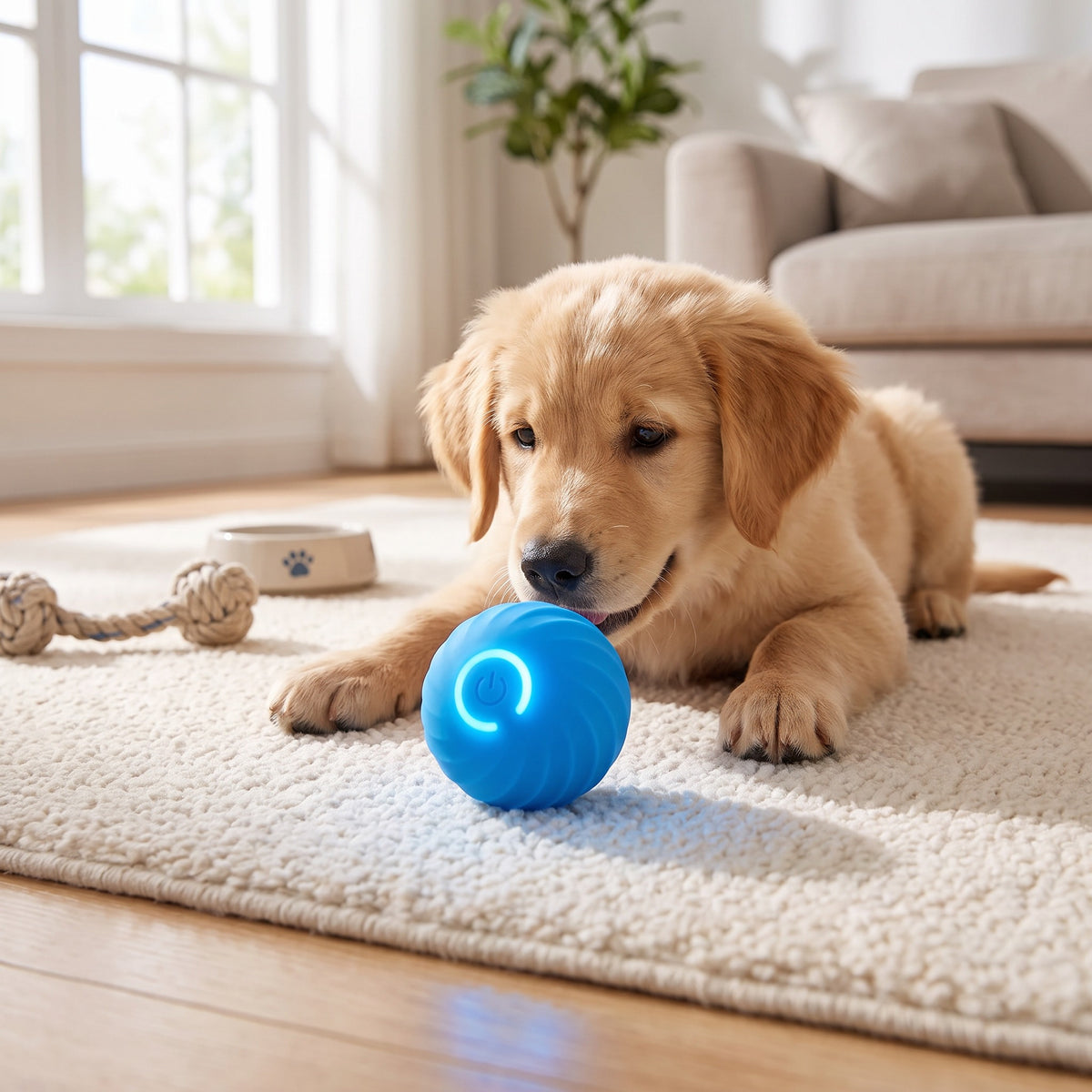 Chiot jouant avec la balle interactive intelligente bleue sur un tapis du salon