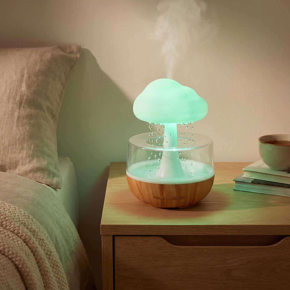 Humidificateur d'air en forme de nuage allumé en vert sur une table de chevet, avec effet de pluie et brume