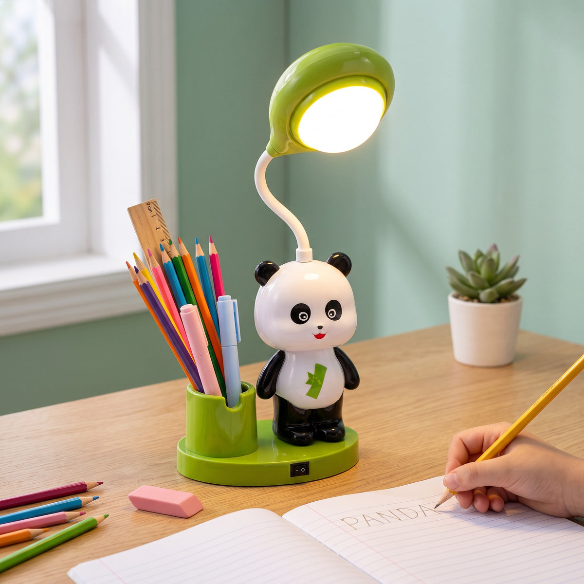 Lampe de bureau LED panda allumée, pot à crayons rempli, pendant les devoirs