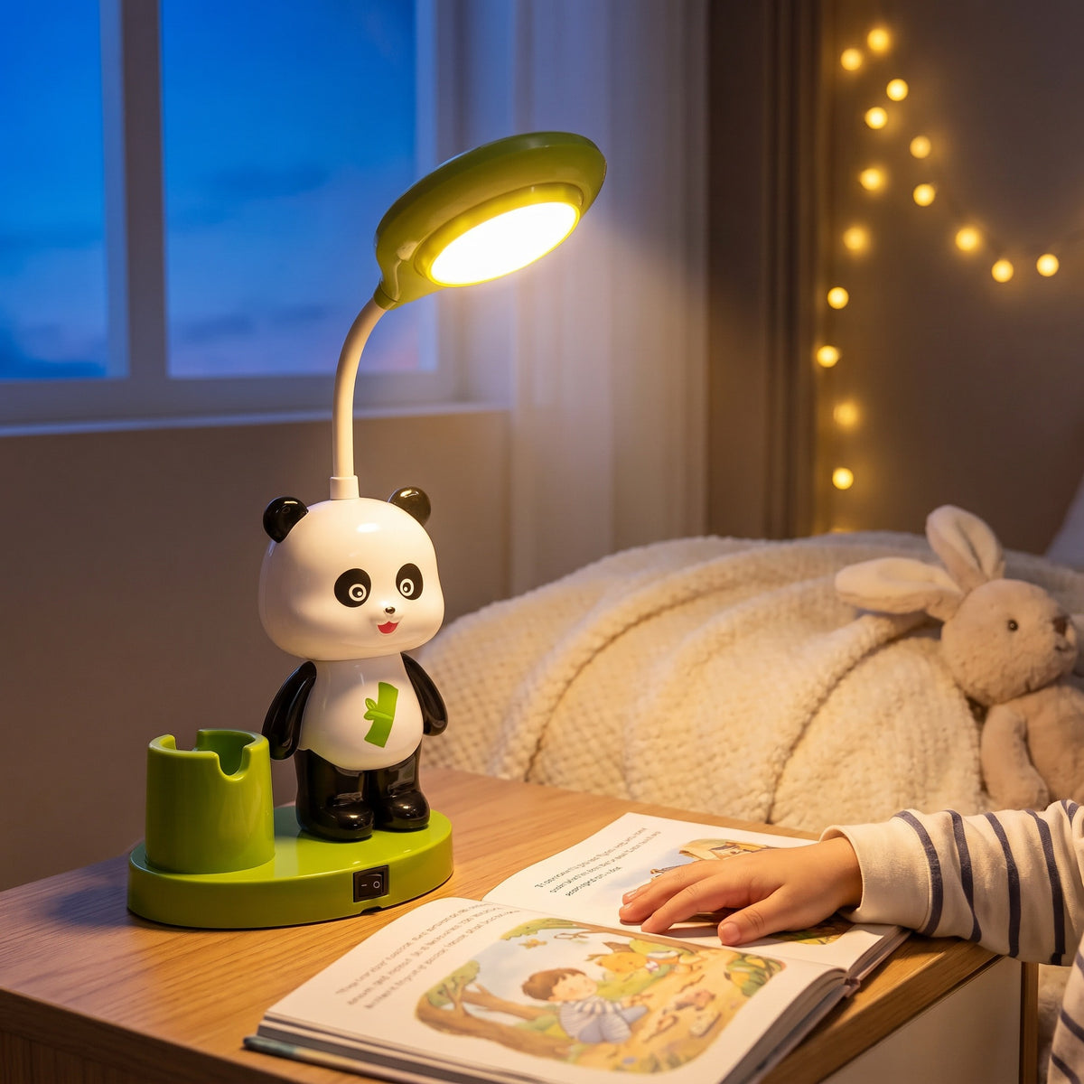 Lampe de bureau LED panda allumée le soir sur une table de chevet, pour la lecture