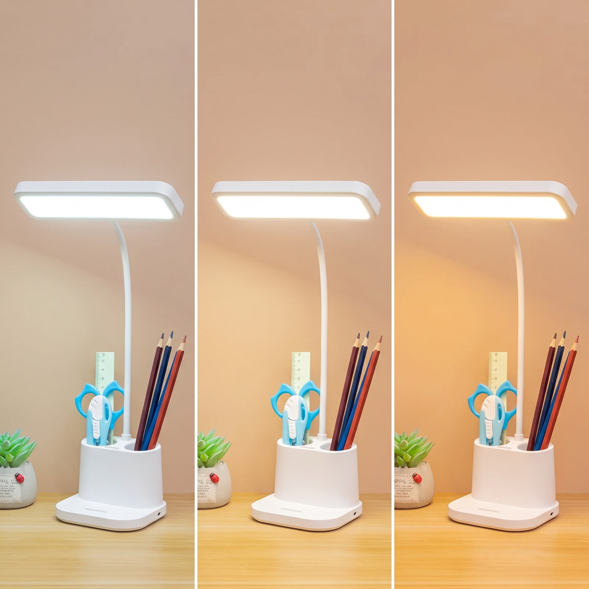 Les trois teintes de lumière de la lampe de bureau LED : blanc froid, neutre et chaud