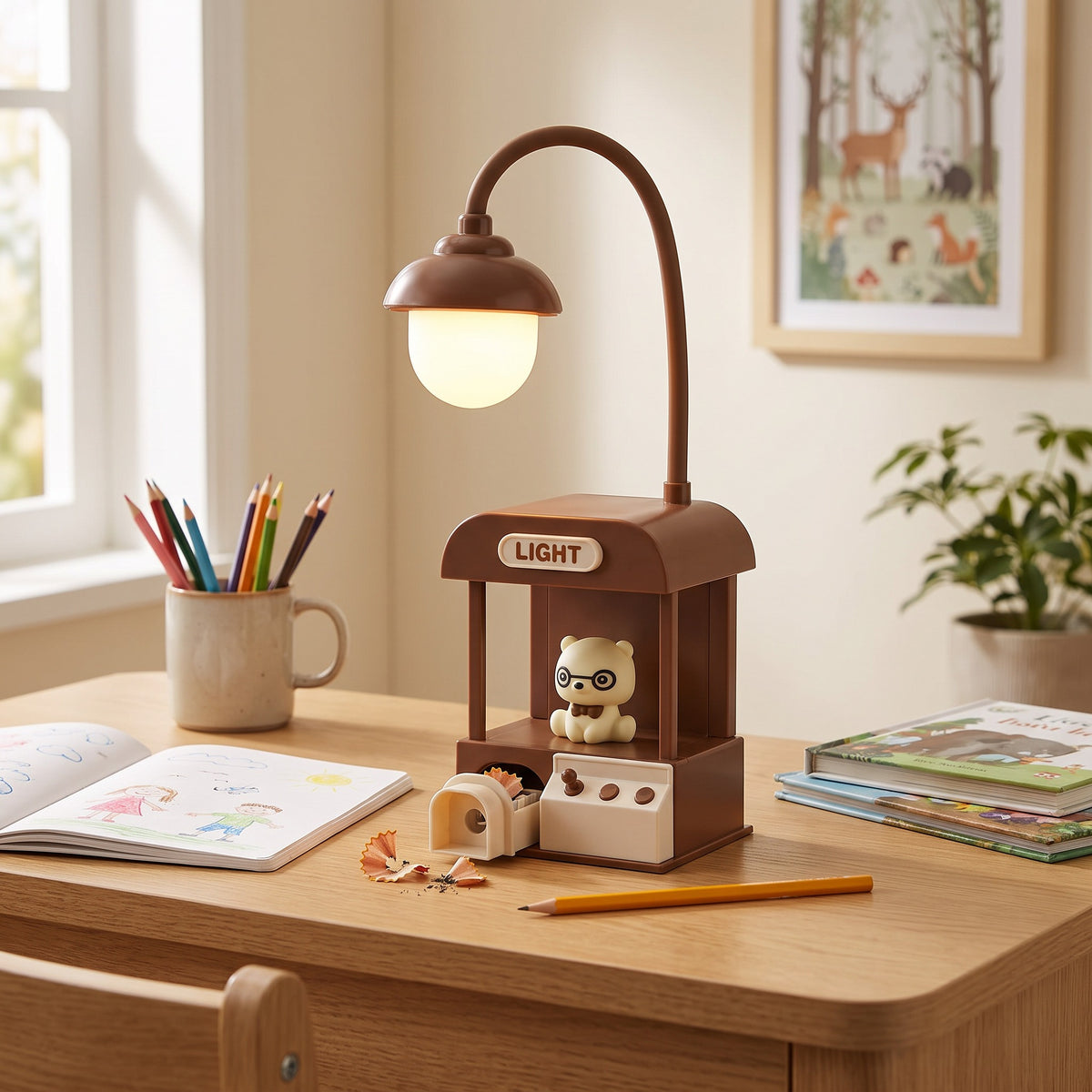 Lampe de bureau LED mini-machine marron allumée sur un bureau d'enfant, tiroir taille-crayon ouvert