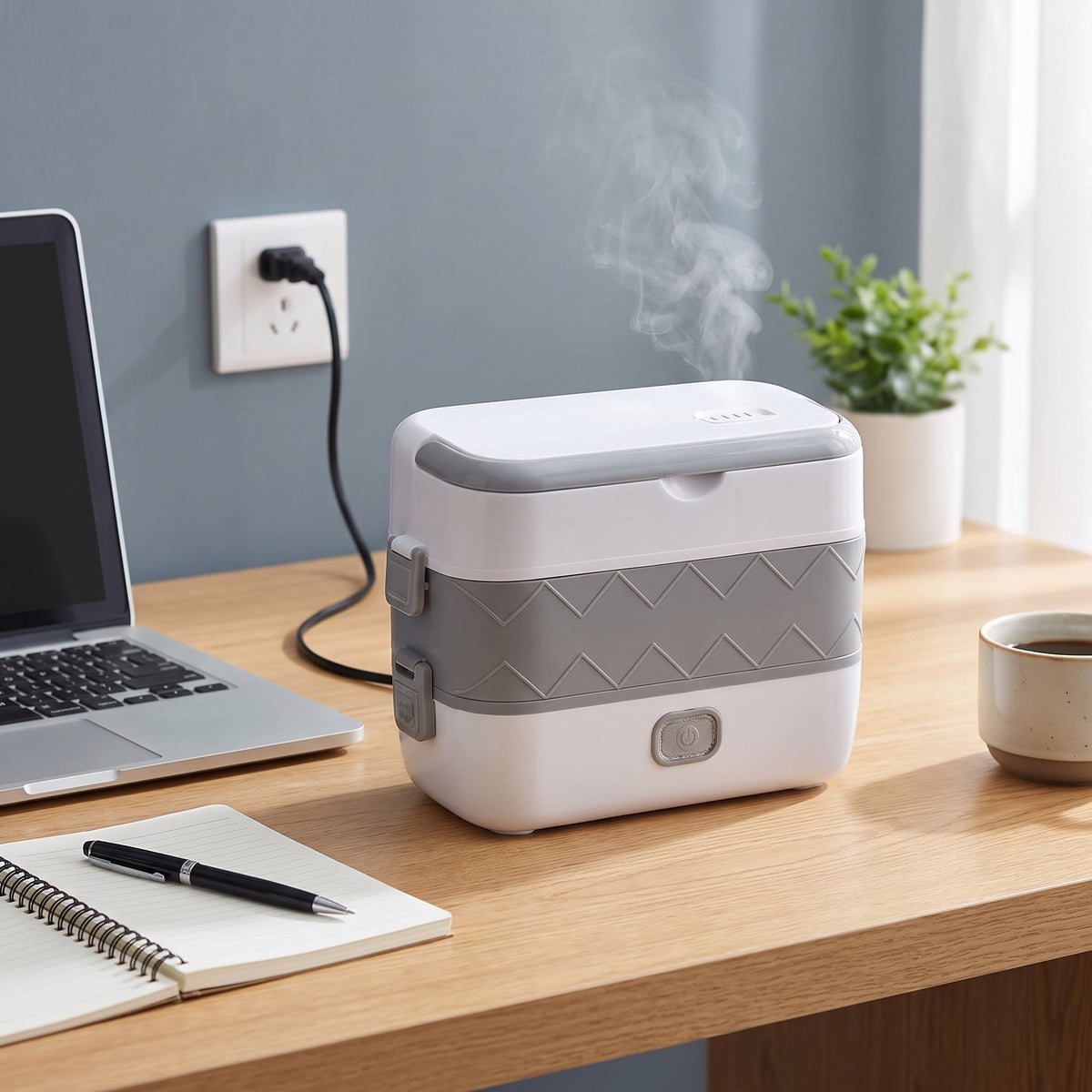 Lunch box électrique chauffante blanche et grise branchée sur un bureau, en train de réchauffer un repas
