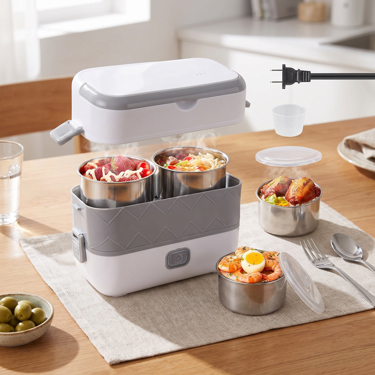 Lunch box électrique chauffante ouverte avec ses bols en inox garnis de plats chauds, couvercles et verre doseur