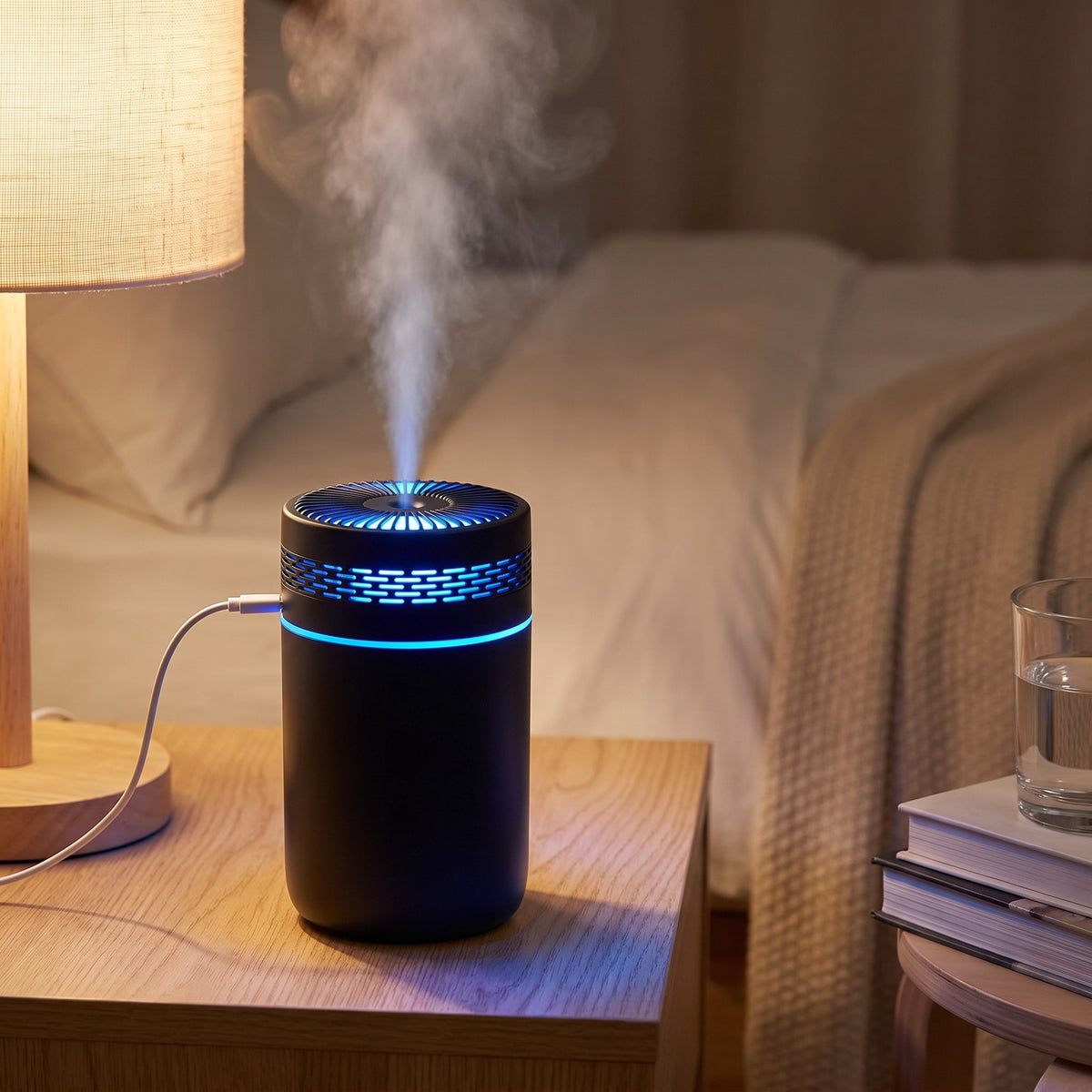 Mini-humidificateur d'air USB noir diffusant de la brume sur une table de chevet, éclairage bleu allumé