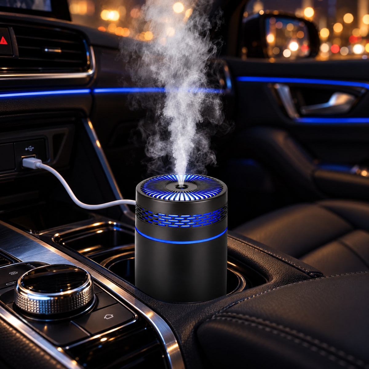 Mini-humidificateur USB placé dans le porte-gobelet d'une voiture, brume et lumière bleue la nuit