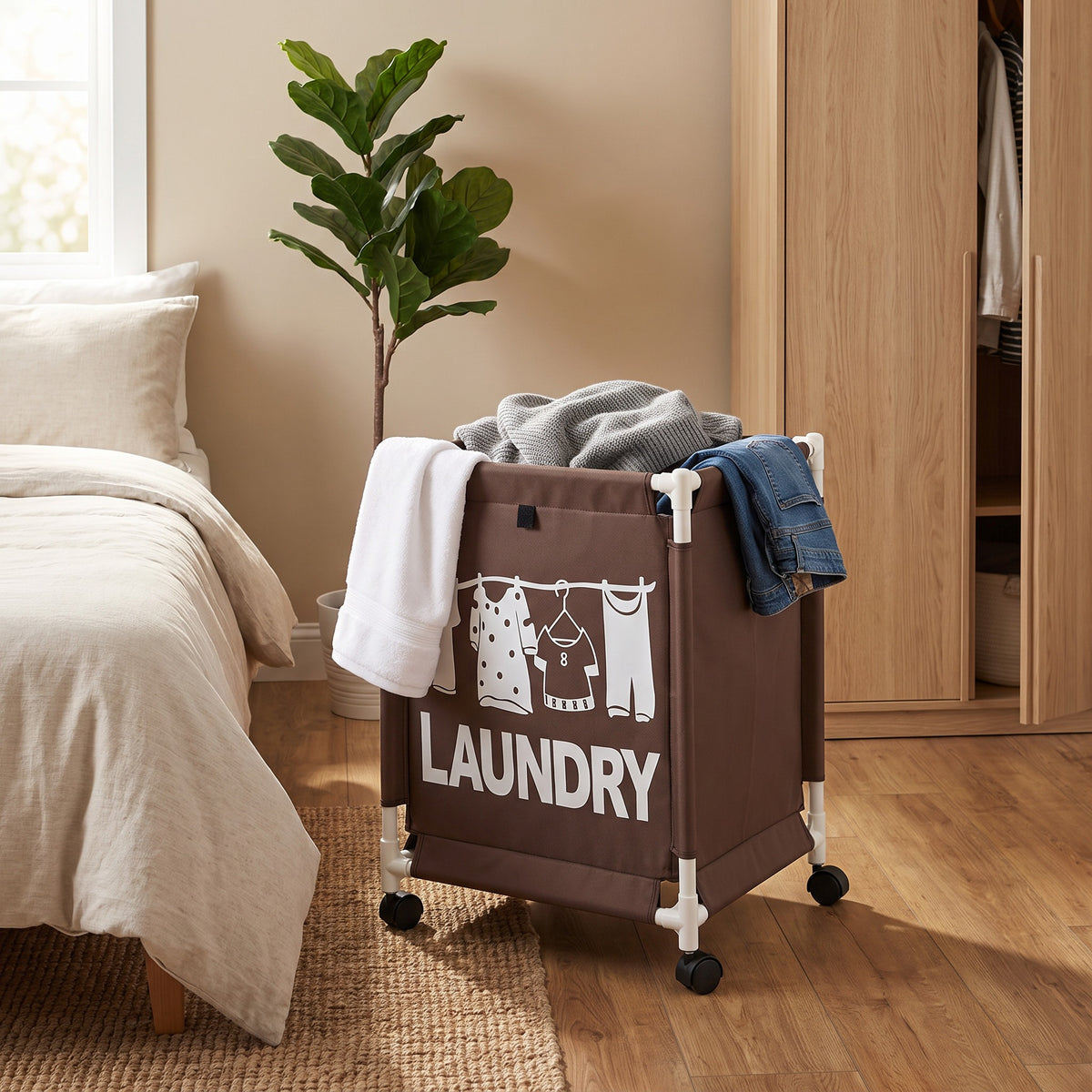 Panier à linge marron sur roulettes rempli de vêtements dans une chambre, près du lit et de l'armoire