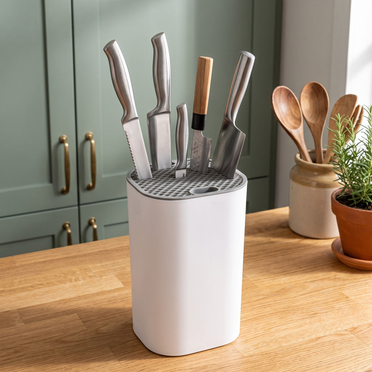 Porte-couteaux universel blanc accueillant cinq couteaux de tailles différentes sur un plan de travail en bois