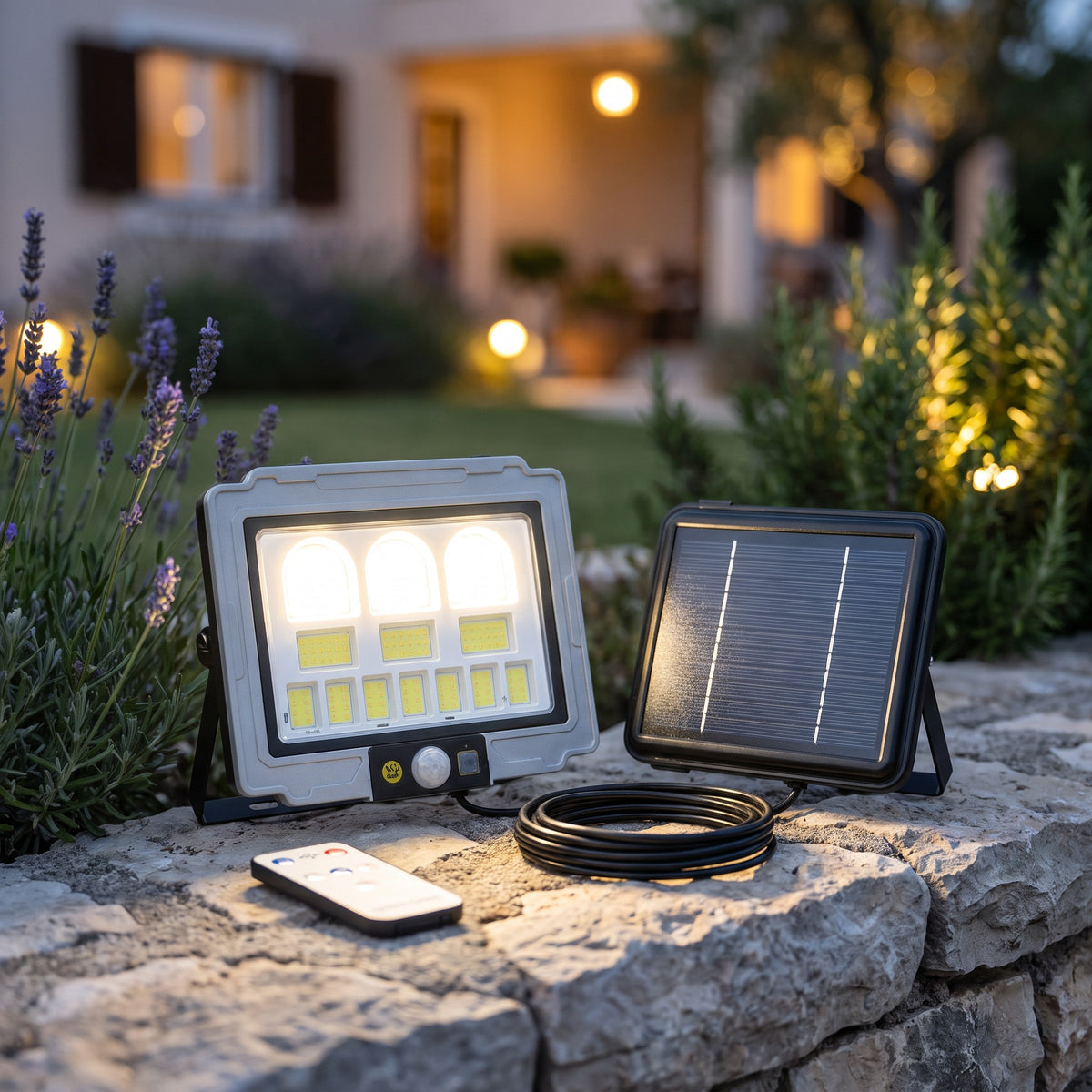 Projecteur solaire LED allumé avec son panneau solaire, son câble et sa télécommande