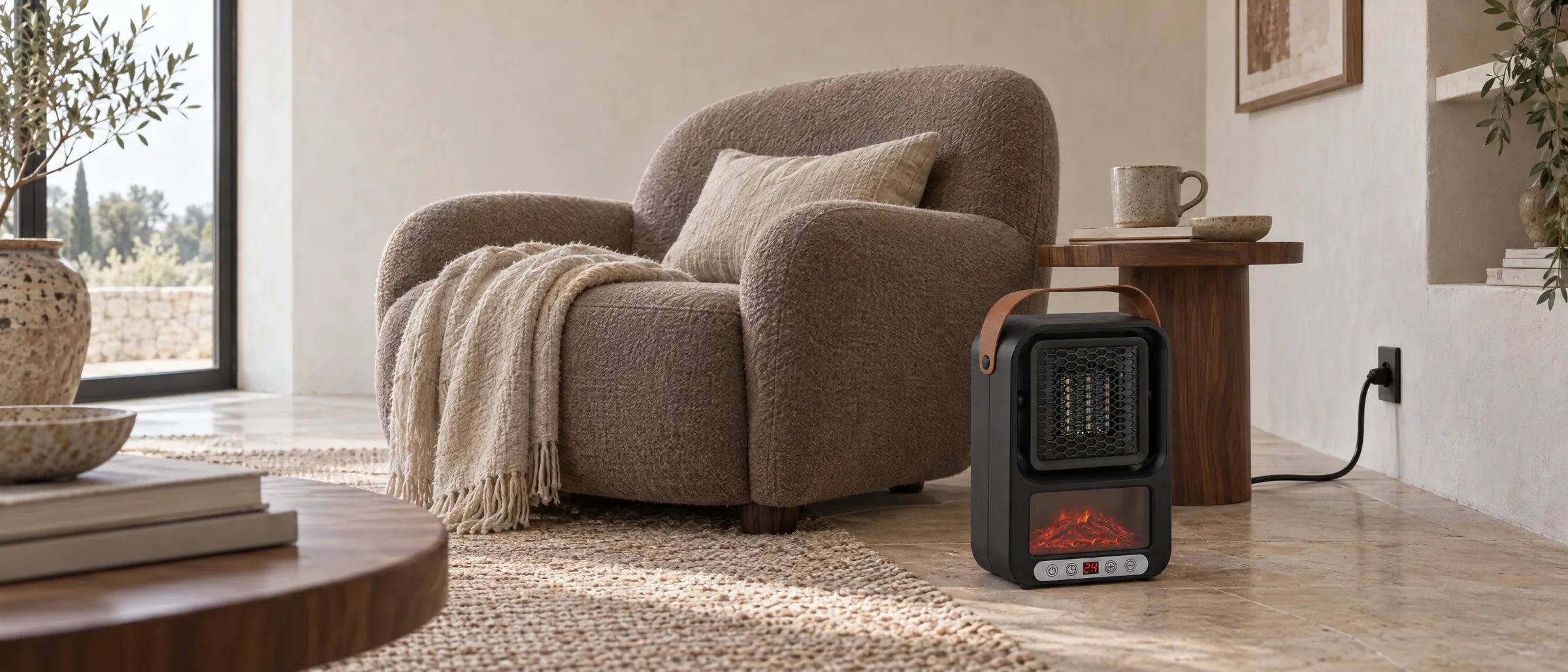 Mini chauffage d'appoint noir à flamme 3D posé au pied d'un fauteuil en bouclette, dans un salon lumineux